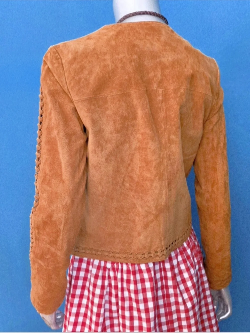 🆕️🤠🐎MANGO Genuine Leather Trena Suede Jacket Collarless w/ Suede Braiding NWT - Picture 10 of 16